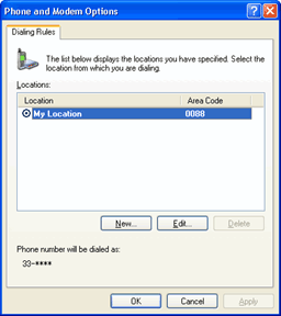 The "Phone and Modem Options" window