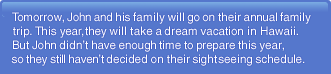 Tomorrow, John and his family will go on their annual family trip. This year, they will take a dream vacation in Hawaii. But John didn't have enough time to prepare this year, so they still haven't decided on their sightseeing schedule.