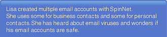 Lisa created multiple email accounts with SpinNet. She uses some for business contacts and some for personal contacts. She has heard about email viruses and wonders if his email accounts are safe.
