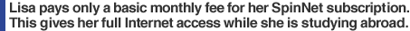 Lisa pays only a basic monthly fee for her SpinNet subscription. This gives her full Internet access while she is studying abroad.