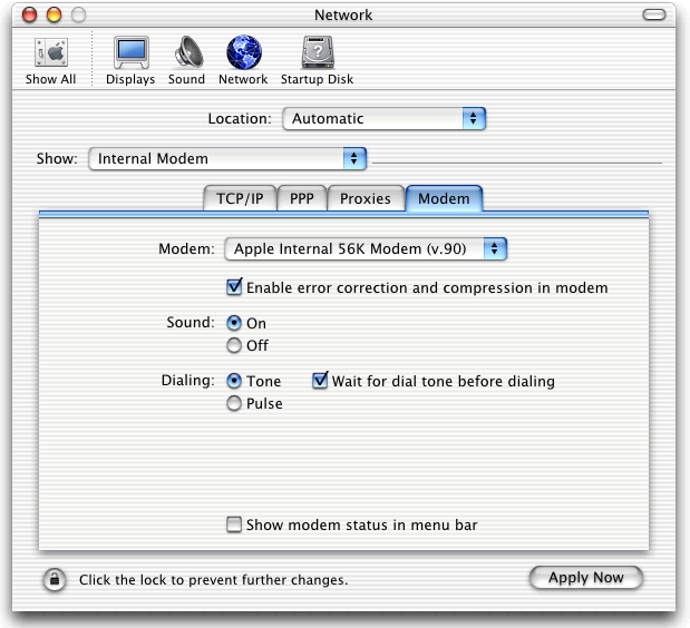 The "Modem" tab of the "Network" window