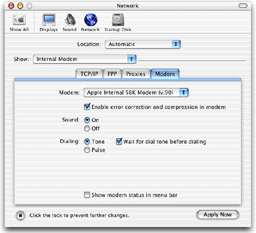 The "Modem" tab of the "Network" window