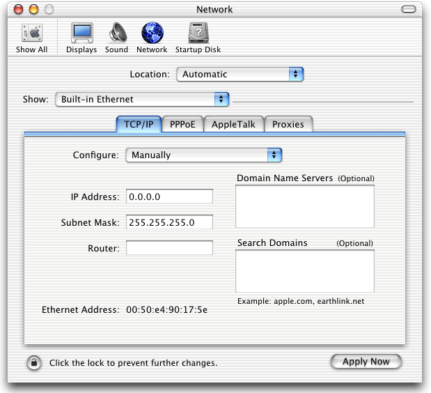 The "TCP/IP" tab of the "Network" window