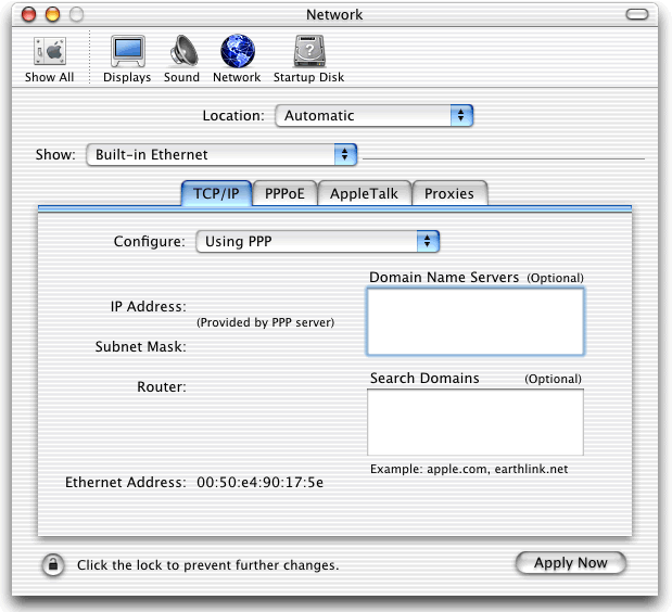 The "TCP/IP" tab of the "Network" window