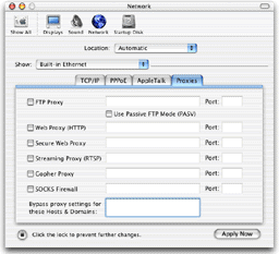 The "Proxies" tab of the "Network" window