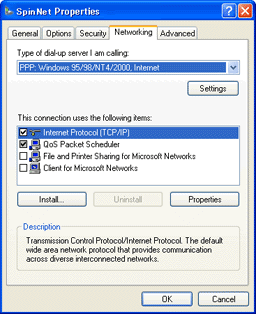 The "Networking" tab of the "SpinNet Properties" window