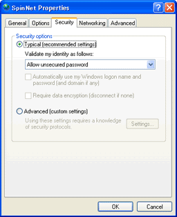The "Security" tab of the "SpinNet Properties" window