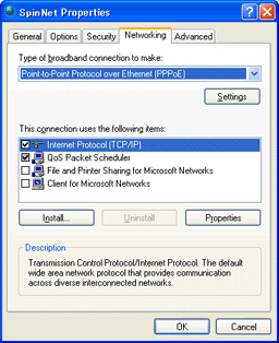 The "Networking" tab of the "SpinNet Properties" window